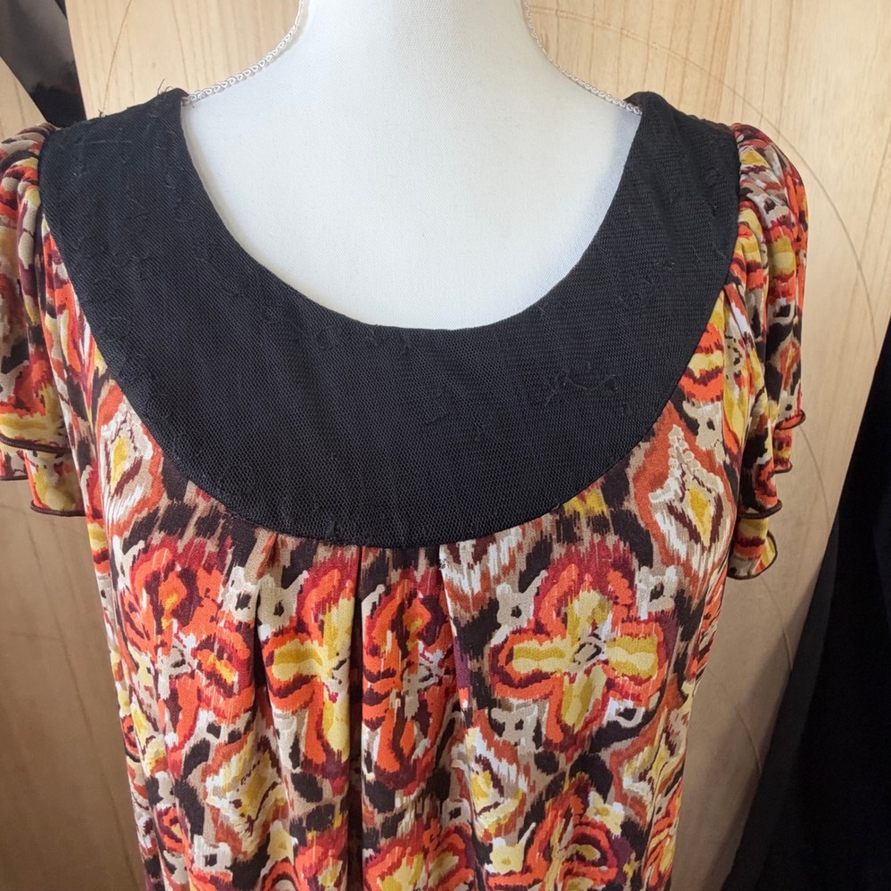 Notations Blouse Womens XL Orange Brown Ikat Flutter Sleeve Scoop Neck Top